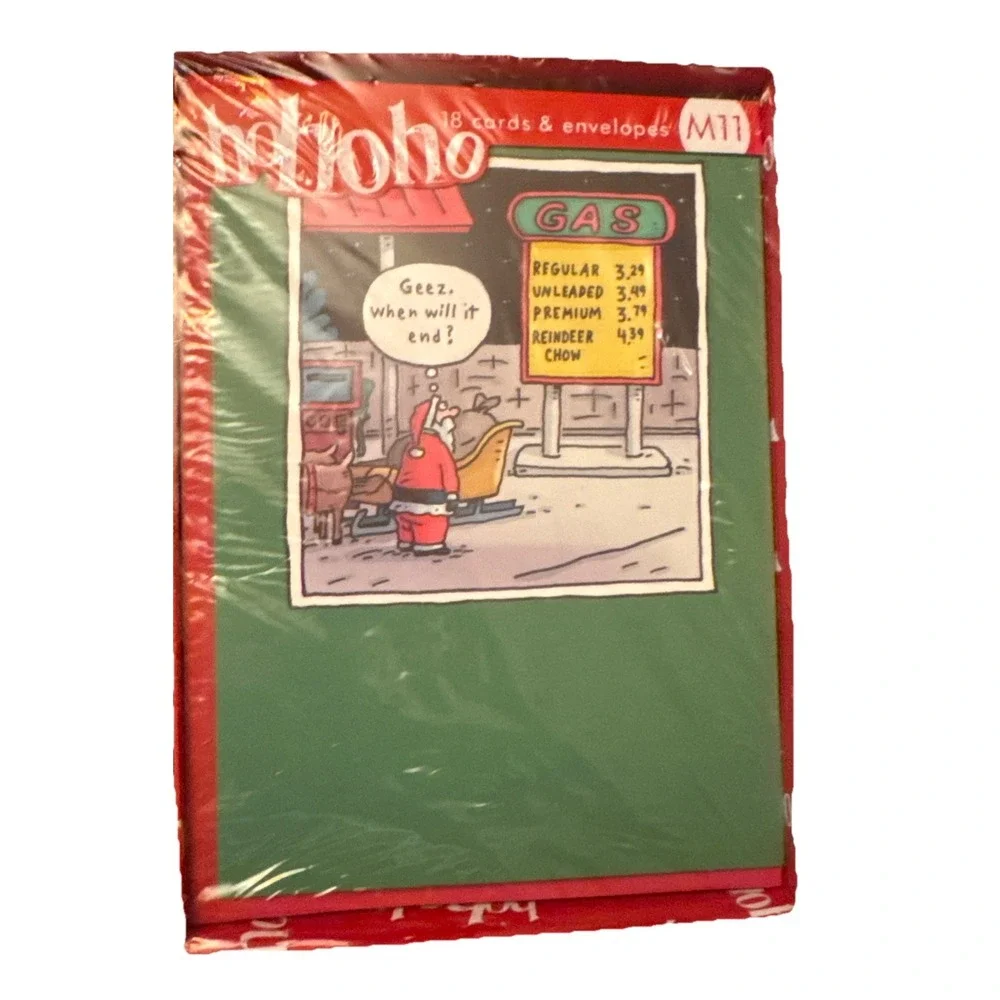 Funny Xmas Cards 18 W/ Envelope Santa Gas Stasion When Wil It Stop Holiday Humor